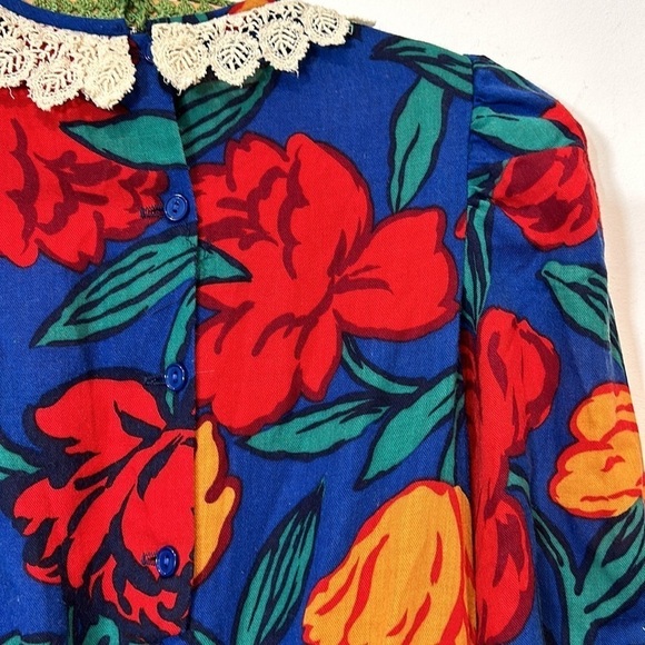 DORISSA INTERNATIONAL NICOLE DRESS VINTAGE blue FLORAL VICTORIAN PUFF SLEEVE 10 - Picture 8 of 10